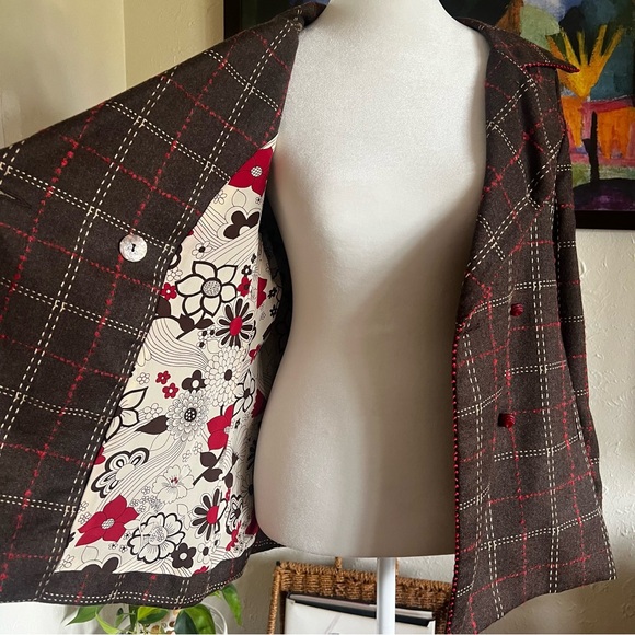 Erica Tanov Brown Blazer Red Trim Vintage Silk Lined - Large - Picture 5 of 7